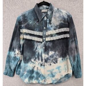 Vtg Y2K Citi-Craze Shirt Women's L Blue Tie Dye Gauzy Embroidered Crinkle Boho